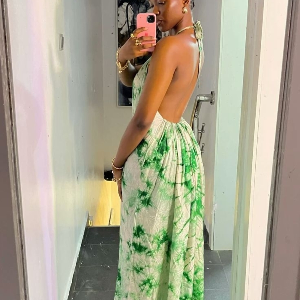 Chic Backless Green Tie-Dye Dress